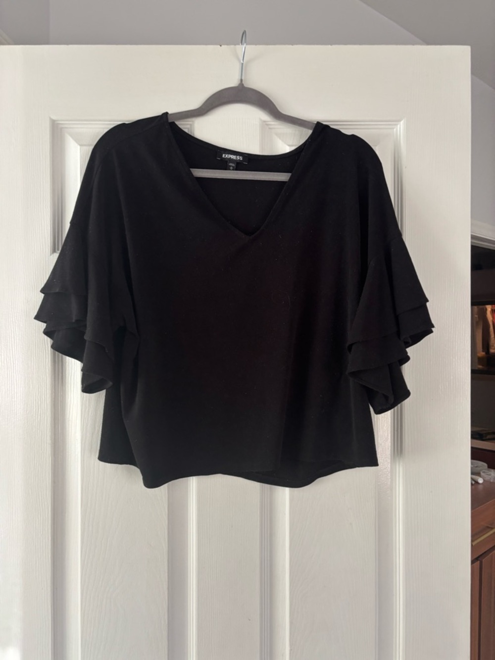 Express Black Ruffle Sleeve V-Neck Top